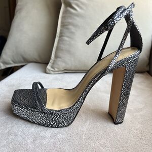 Alexandre Birman Lenny Silver On Black Leather Platform Heeled Sandal 39.5/9-9.5